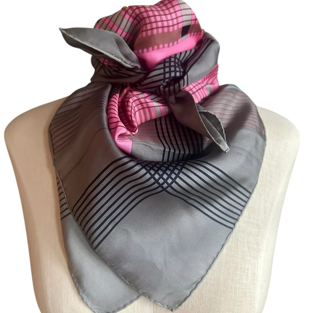 Christian Dior Classic Pink Gray CD Logo Plaid Vintage 30” Silk Square Scarf - Picture 2 of 10